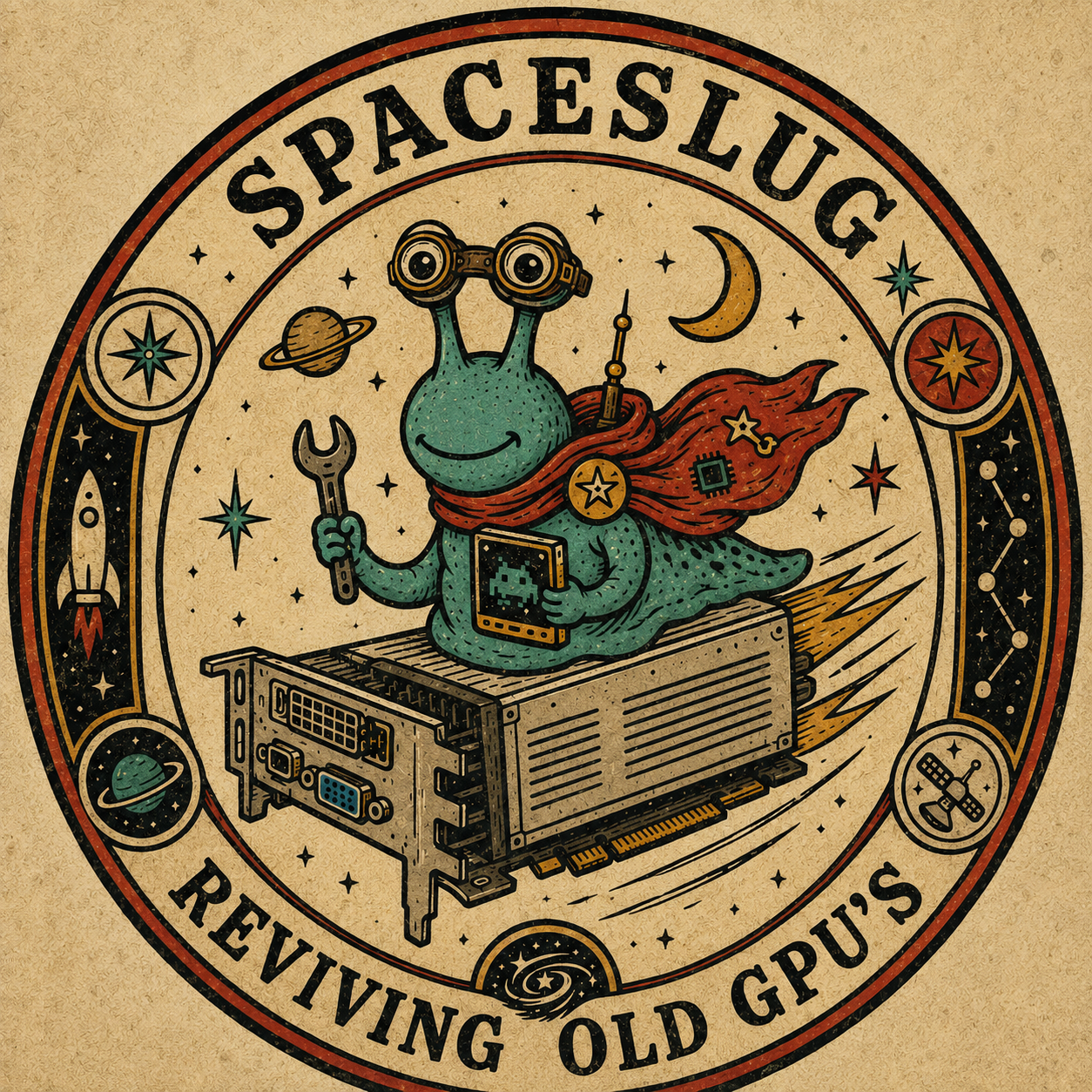Spaceslug mascot riding a GPU